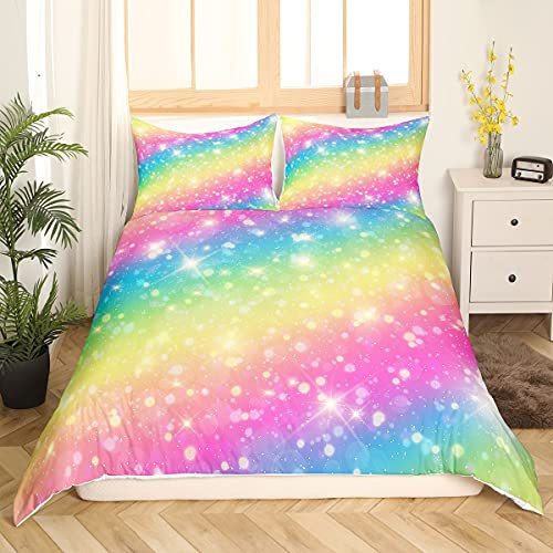 Regenbogen Farbe Tröster Bezug Set Mädchen Kinder Blingling Dekor Bettwäsche-Set Niedlichen Karikatur Dekor Bettbezug Mit Reißverschluss,Weiche Tagesdecke, 1 Bettbezug +1 Kissenbezüge, 135x200