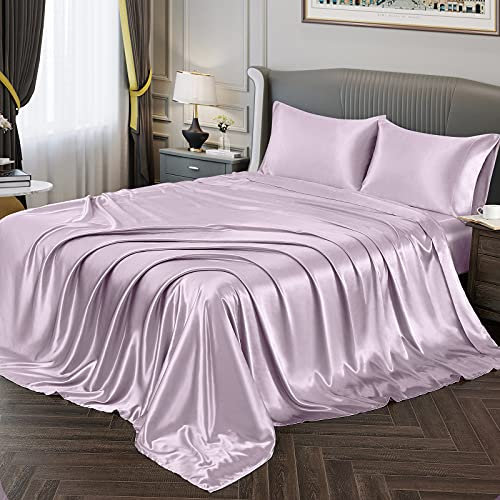 Vonty Satin-Bettlaken, Queen-Size-Größe, seidig weiches Satin, luxuriöses Lavendel-Satin-Bettlaken-Set, 1 tiefes Spannbetttuch + 1 Bettlaken + 2 Kissenbezüge