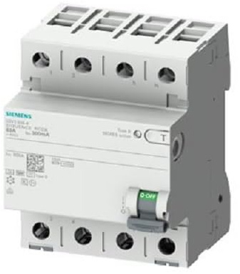Siemens Interrupteur différentiel, 4 pôles, type B, avec retardateur court, entrée : 63 A, 500 mA, AC : 400 V.