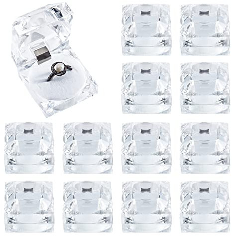 PH PandaHall 12PCS Clear Ring Box Crystal Ring Gift Boxes, Square Jewellery Storage Box Acrylic Ring Display Holder Organizer Case with Foam for Proposal Engagement Wedding Valentines, Insert White