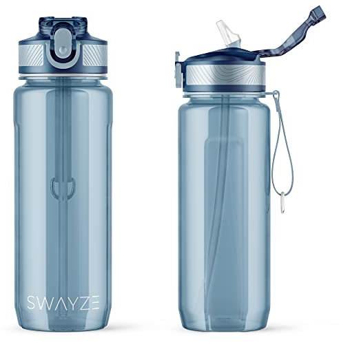 Personalised Water Bottle with Straw 800ml Water Bottle, BPA Free Leakproof Lockable Flip Lid Drink Bottle Sports Gym Hiking School Camping Office Walking (Blue (Plain))