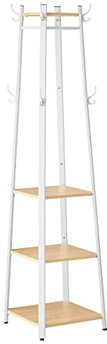 VASAGLE Garderobenständer, Kleiderständer, Garderobe mit 8 Doppelhaken, 4 Ablagen, Kleiderstange, mit Metallrahmen, für Schals, Jacken, Taschen, für Flur, goldeichenfarben-wolkenweiß LCR080W09