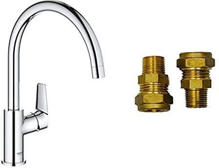GROHE BauEdge & UK Adaptors – 1 Lever Kitchen Mixer Tap (Monobloc Installation, High Spout, Swivel Area 360˚, 28 mm Ceramic Cartridge, Tails 3/8 inch), Easy Installation, Size 332 mm, Chrome, 31367001
