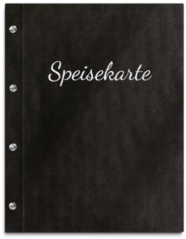 Handgefertigte Speisekarte/Menukarte in schwarzer Lederoptik – Inkl. 12 Sichthüllen zum Austauschen – Handgeprägter Coverdruck in versch. Farben