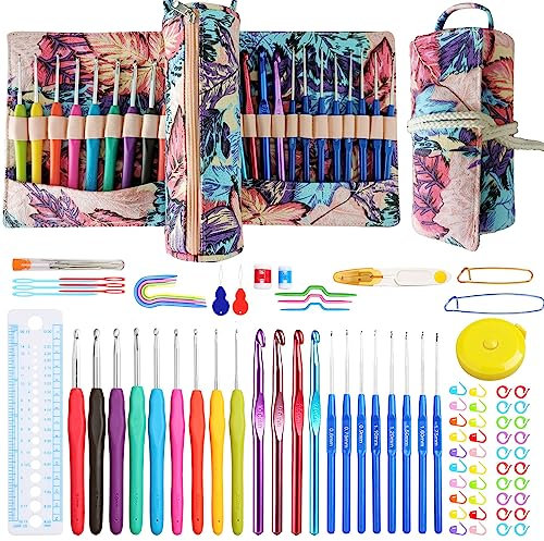 JOZEA Häkelsets, Zylindrische Form Häkelnadeln Set, Bunte Ergonomische Griffe Häkelnadeln, Zubehör Kit Häkelnadeln, mit tragbare Organisator Tasche, Rosa Ahornblatt