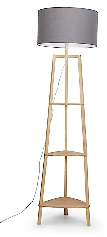MiniSun | Natural Wooden 3 Tier Floor Lamp with Storage Shelves and Dark Grey Shade | Floor Lamps & Torchieres, Home Décor & Improvement Essential | Includes 6W LED E27 Light Bulb
