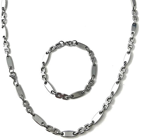 ayados Plattenkette Set Edelstahl 60cm 4mm bis 10,5mm Cuban Halskette + Armband Platten Kette (10,5mm x 60cm, Plattenkette Silber)