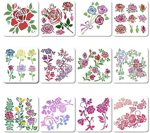 GORGECRAFT 12 Stile 18x18cm Rose Blumen Schablone Blumen Blätter Vorlagen Blumenknospen Rosensträuße Ranken Zweige Blattmuster Quadratische Kunststoffschablonen Schild Zum Malen Auf Leinwand Karte