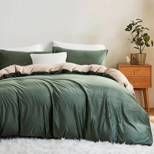 Lanqinglv Flauschig Bettwäsche 135x200 cm Grün Beige Winter Plüsch Flanell Fleece Wendebettwäsche Set Warme Cashmere Touch Biber Bettbezug mit Reißverschluss und 1 Kissenbezug 80x80cm