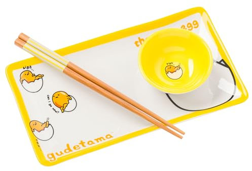 Silver Buffalo Sanrio Hello Kitty and Friends Gudetama Lazy Egg Sigh Yellow Ceramic Sushi Set with Dipping Sauce Dish and Matching Chopsticks