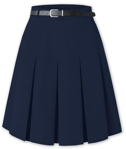 SANGTREE Knielanger Faltenrock für Damen, Marineblau, 2 Taschen, A-Linien-Rock mit Gürtelschlaufen, Sommer-Uniform, kurzer eleganter Freizeitrock, mittellang, Marineblau, US XL