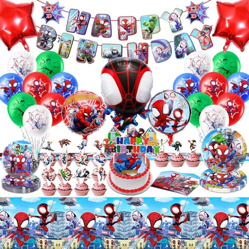 Geburtstagsdeko Partygeschirr Kindergeburtstag, 79 Stück Spidey Pappteller Kindergeburtstag Spider Luftballons Tischdecke Geburtstag Tortendeko Pappteller Deko Geburtstag Kinder für 10/20 Personen