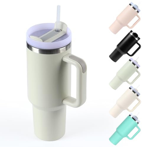 XSUPER 40oz Tumbler with Handle and Straw Lid, Stainless Steel Vacuum Insulated Travel Mug Water Bottle Cup for Water, Iced Tea or Coffee, Smoothie and More (Dune)