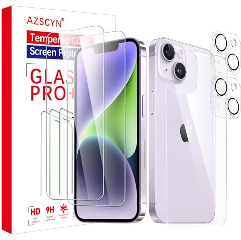 AZSCYN Screen Protector for iPhone 14 Plus, 2 pack Tempered Glass Film, 1 pack Back Tempered Glass Screen Protector and 2 pack Camera Lens Protectors,9H Hardness, Case Friendly, Anti-Scratch