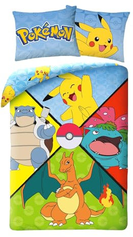 Pokemon Bettwäsche, 100 % Baumwolle, wendbarer Bettbezug 140 x 200 cm + Kissenbezug 70 x 90 cm