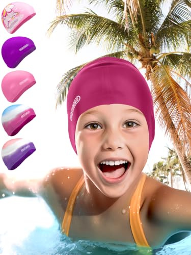KIDVERSE Waterproof Kids Swimming Cap for Girls Swim Hat with Anti-Slip Grips - Comfortable Silicone Swim Cap Girls - Childrens Swimming Hat Kids with UV Protection