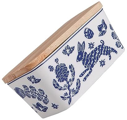 Beurrier Beurrier en céramique à motifs avec couvercle et base en bois Porte-beurre Porte-conteneur Plateau de stockage de fromage Boîtes à beurre Décoration de cuisine