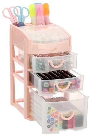 SUMTree Plastic Desktop Storage Drawers with 3 Layers, Drawer Storage Unit for Crafts Accessories Stationeries Office Supplies, Clear Desk Organiser for Home Office School, 15 * 19 * 26cm, Pink
