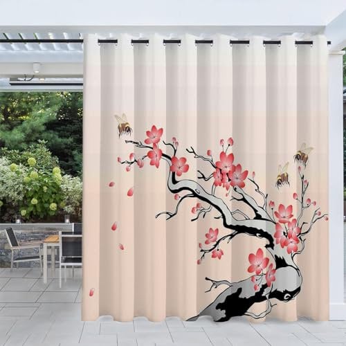 Japanese Outdoor Curtains, Plum Bossom Waterproof Blackout Gazebo Pergola Curtain, Ink Thermal Insulated Privacy Curtains for Garden Patio with Grommet, 1 Panel 52 W x 94 L JL-6