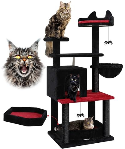 Globlazer Gothic Cat Tree, 62in Goth Cat Tower Kitty Cat Climbing Tower with Large Platform for Indoor Cats, Scratching Posts, Cozy Caves, F62, Black