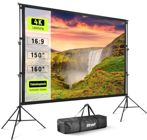 150” Projector Screen with Stand, Wrinkle Free Polyester 16:9 4K HD Rear Front Movie Screen with Sandbags, Indoor Outdoor Portable Telescopic Projection Screen for Home Theater, Outdoor Movie
