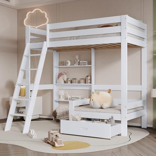 Kinderbett 90x200 cm, Hochbett mit Regalen, Sofa und Schubladen, Etagenbett mit Rausfallschutz und Schrägleiter, Bettrahmen aus Massivholz, Funktionsbett Stockbett Kinderhochbett Jugendhochbett, Weiß