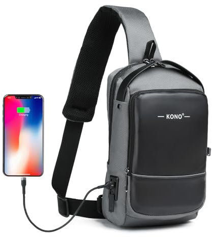 KONO Anti-Diebstahl Sling-Rucksack, wasserabweisende Umhängetasche mit USB-Ladeanschluss, modische Reisetasche für Männer für Radfahren, Camping, Wandern (Grau/Schwarz)