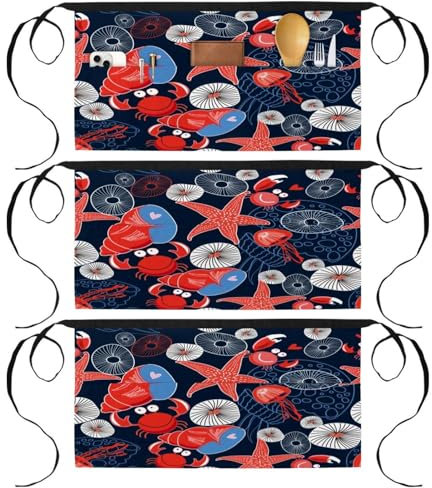 VAPOKF Taillenschürze, kurze Kellnerschürze mit 3 Taschen, halbe Schürze zum Kochen, Backen, Hausreinigung, Restaurant, Arbeit, Bistro, Bar, Marine-bunt, Medusa, Seestern, Krabbe, 3 Packungen, multi,