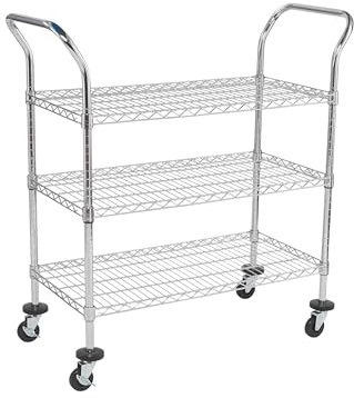 Chrome Wire Mesh Trolley, Steel 3 Tier Shelving Unit on Wheels with Handles & Height Adjustable Shelves