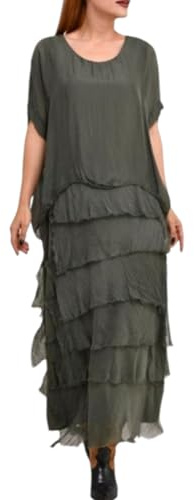 Alam Exclusive Ladies Womens Italian Lagenlook Plain Short Sleeve Frill Frayed Detail Silk Midi Maxi Dress One Size