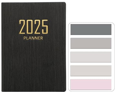 SamHeng Mini 2025 Taschenkalender, Klein PU-Leder Softcover Kalender A7 Terminplaner Terminkalender Wochenplaner Notizbuch Organizer mit Morandi Haftnotizen Seitenmarker (Schwarz)
