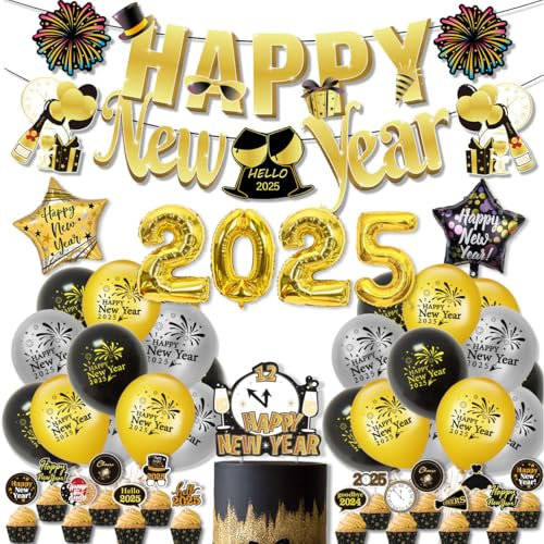 Silvester Deko 2025, Schwarz Gold Neujahr Deko 2025，Happy New Year Deko XXL 2025 (32-ZOLL) Folienballons, Banner, Silvester Accessoires.(Schwarz Gold)