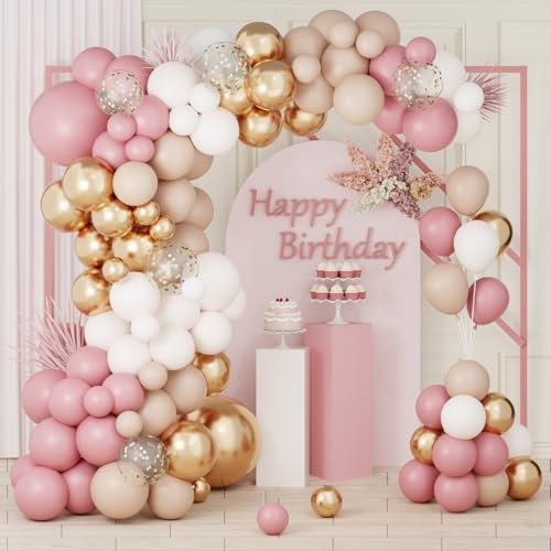 Kit Arche Ballon Rose Doré, 103 pcs Guirlande Ballon Rose Rétro avec Ballon Confettis Ballon Blanc, Arche de Ballon Or Rose Beige, Décoration Anniversaire Fille Femme Baby Shower Mariage Bapteme Fille
