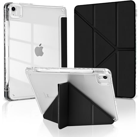 MuyDoux Custodia Origami per iPad Air 6 11 Pollici M2 2024 / iPad Air 4 2020 10,9 iPad Air 5 2022 con Portapenna, Angoli di Visione Multipli 5 in 1, Cover Retro Trasparente Chiaro Antiurto, Nero