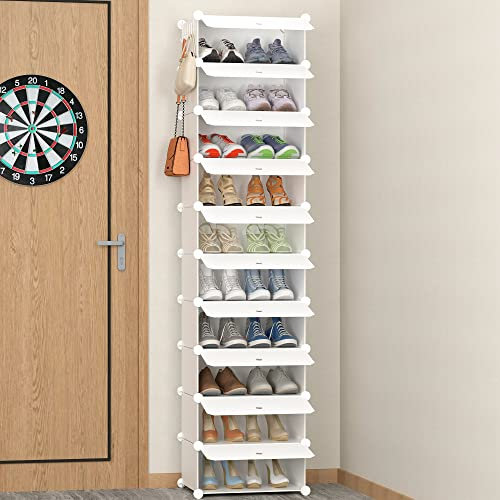 HOMIDEC 10-Tier Shoe Rack, Shoe Storage Cabinet with Door and Hook, Dust-proof Tall and Narrow Shoe Rack, Free Standing Shoe Shelf for 20 Pairs, Space Saving for Entryway, Hallway and Closet