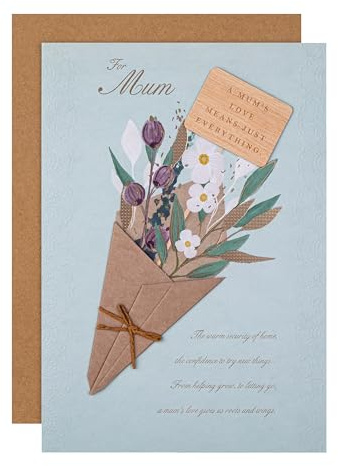 Hallmark Mothers Day Card for Mum, Bouquet of Flowers, Heartfelt Verse | Florals, 3D Attachment, Gold Foil, Blue & Green, H26cm X W18cm, Brown Kraft Envelope