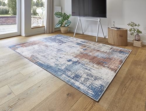 -LUXOR- living Teppich Wohnzimmer Polino im Vintage Design - Wohnzimmerteppich Teppich Kurzflor Digitaldruck in zeitlosem Design 160 x 230 cm blau-Koralle