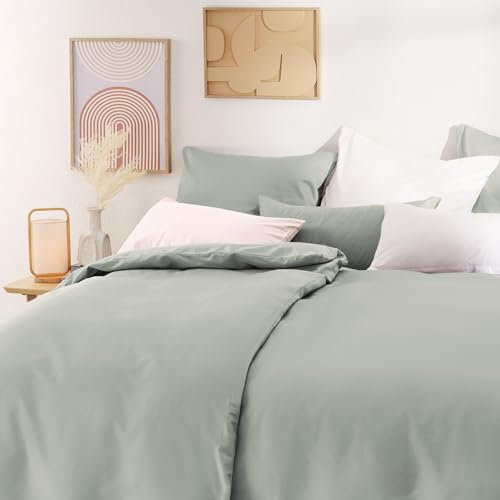Blumtal Mako Satin Bettwäsche 155x220 Set & 2X 80x80 cm Kissenbezug Grün - Oeko Tex Zertifizierte Satin Bettwäsche aus 100% Baumwolle - Edle Glanzoptik Bettwäsche 155x220 Satin mit Reißverschluss