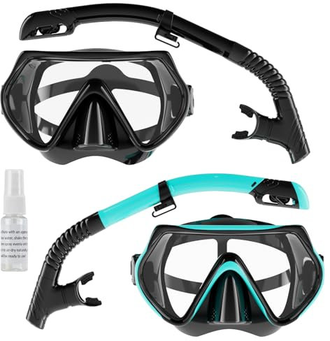 Snorkel Set Adults, Scuba Snorkelling Packages with 180° Panoramic Anti-Fog Tempered Glass Snorkel Mask, Leak Proof Dry Top Snorkel for Snorkeling Diving Swimming with Anti Fog Spray(Black+Green)