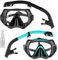 Snorkel Set Adults, Scuba Snorkelling Packages with 180° Panoramic Anti-Fog Tempered Glass Snorkel Mask, Leak Proof Dry Top Snorkel for Snorkeling Diving Swimming with Anti Fog Spray（Black+Green）