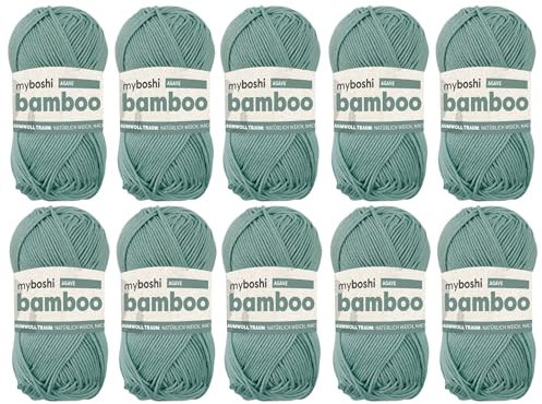 myboshi Bamboo, natürlich weiches Bambus-Baumwollgarn, zum Häkeln und Stricken, strapazierfähig, 50g, 125m, Grün (Agave), 10 Knäuel