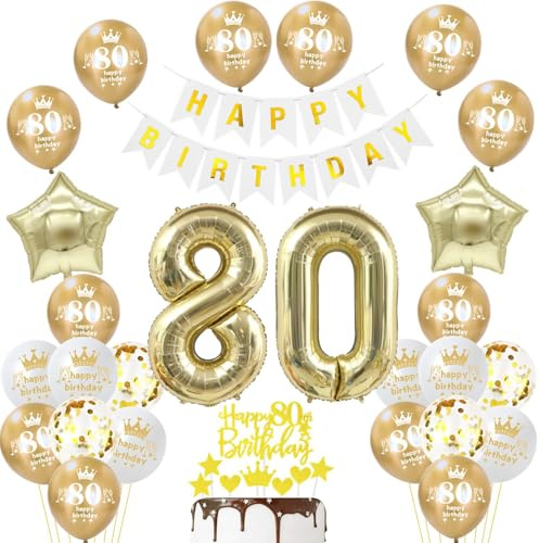 Luftballon 80. Geburtstag Weiß gold, Geburtstagsdeko 80 Jahre Mann Frauen , Ballon 80. Geburtstag deko, Riesen Folienballon 80, Happy Birthday banner