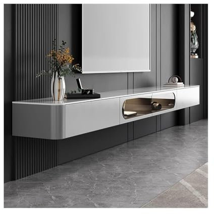 TV Unit Floating TV Stand with Rock Slab Desktop, Modern Gray Media Console Storage Cabinet Under TV, Wall Mounted TV Unit with 2 Glass Doors and 2 Drawer TV Stand for Living Room(200x30x25cm)