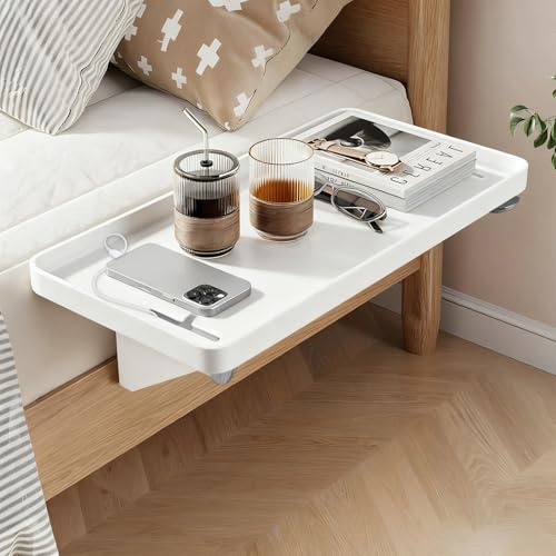 Behogan Bettablage Zum EinhäNgen, 32 * 23.3 * 5.3cm Nachttisch Zum EinhäNgen Mit Ladekabelsteckplatz, Clip On Nachttisch Regal, Ablagebrett Bett für Sofa, Alle Seitenobjekte Wie Sessel (Weiß)
