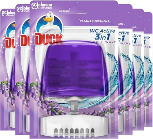 Duck Cleaner 3-in-1 Liquid Rim Block Purple Wave 55ml Pack of 6 Long Lasting Fragrance Cleans Freshens and Prevents Limescale Toilet Rim Hanger for Continuous Hygiene and Fresh