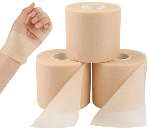 3 Rollen Schaum Sports Tape, 6cm X 20m Schaumstoff Tape Pre Wrap Tapes Foam Underwrap Bandage Schaumstoff Tapes mit Schere Pre Wrap Stirnbänder Atmungsaktive für Handgelenke Ellenbogen Knie Knöchel