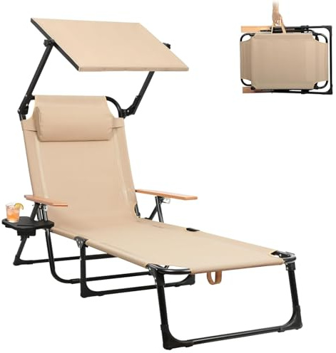YUODIJIO Tumbonas Plegables con 4 Respaldos Ajustables, Silla Plegable Jardin,Tumbonas Playa Ligera con Reposacabezas y Portavasos, para Playa, Jardín, Patio, Pi (Beige con Parasol)