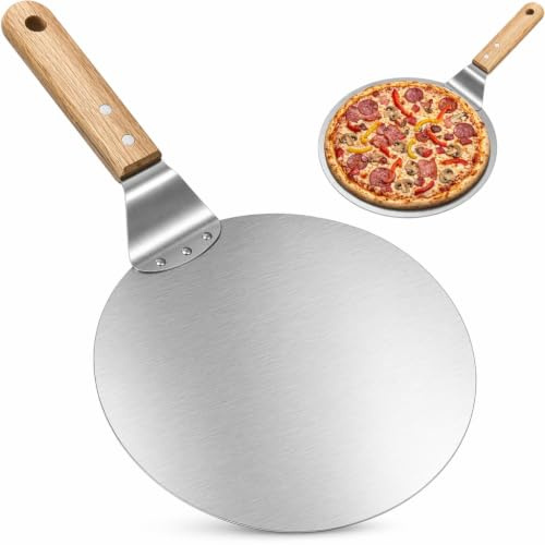 Pizzaschieber 10 Zoll, Edelstahl Pizzawender mit Holzgriff Peel | Schaufel Premium Pizzaschaufel Rund Aufhängen, für Brot Keksen Kuchen Silber