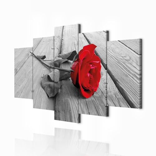 decomonkey Wandbilder Blumen Rose 100x50 cm 5 Teilig Leinwandbilder Natur | Bild auf Leinwand, Kunstdruck, Wanddeko, Wohnzimmer, Wanddekoration, rot, grau