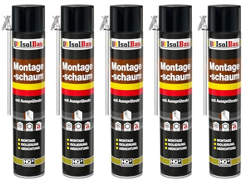 Isolbau Bauschaum B2 Montageschaum mit Aussprührohr - PU-Pistolenschaum Adapterschaum für Montage, Isolierung, Abdichtung, Innen & Außen - 5 x 750 ml